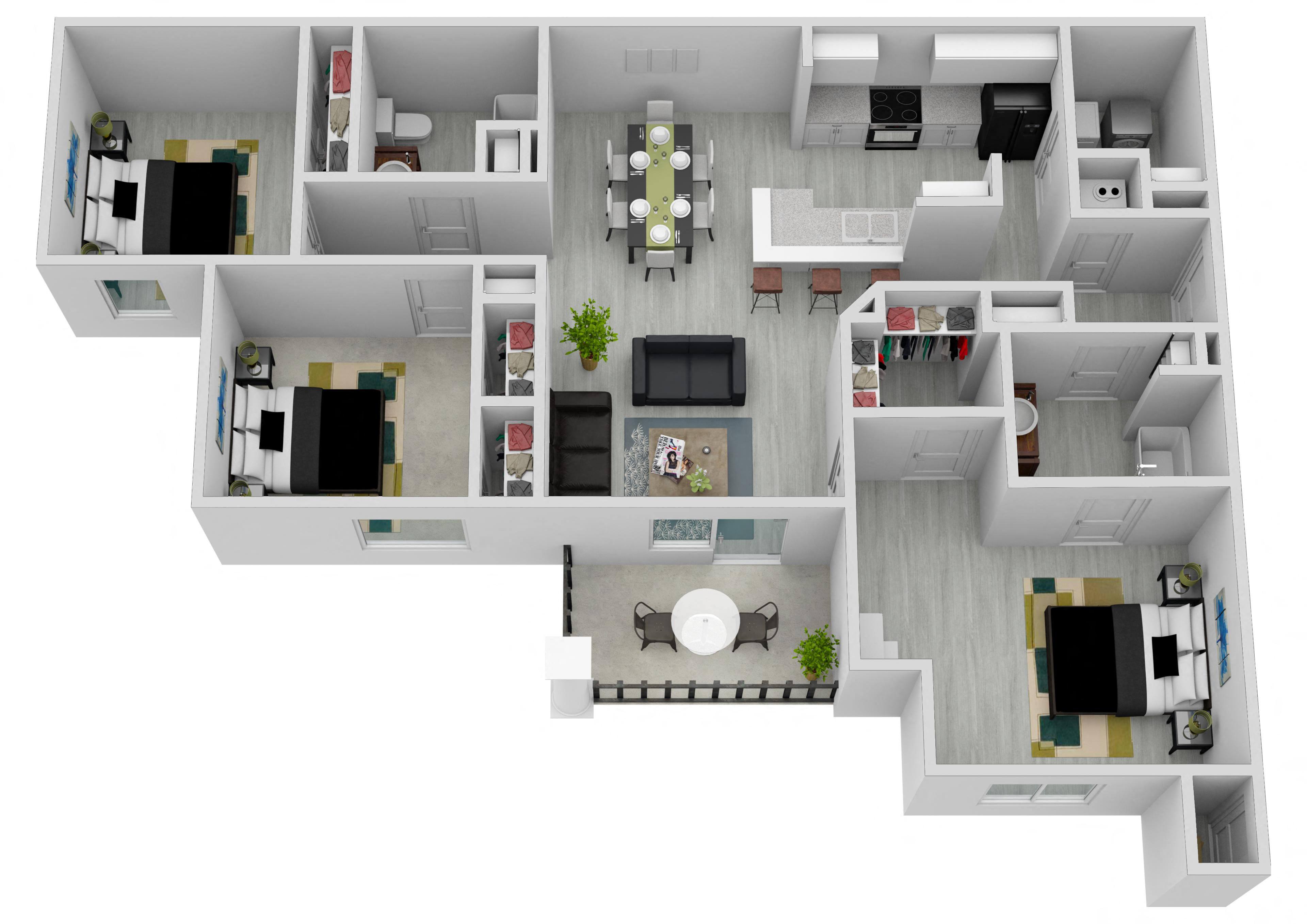 Floor plan for 3 beds, 2 baths, 1275 sqft